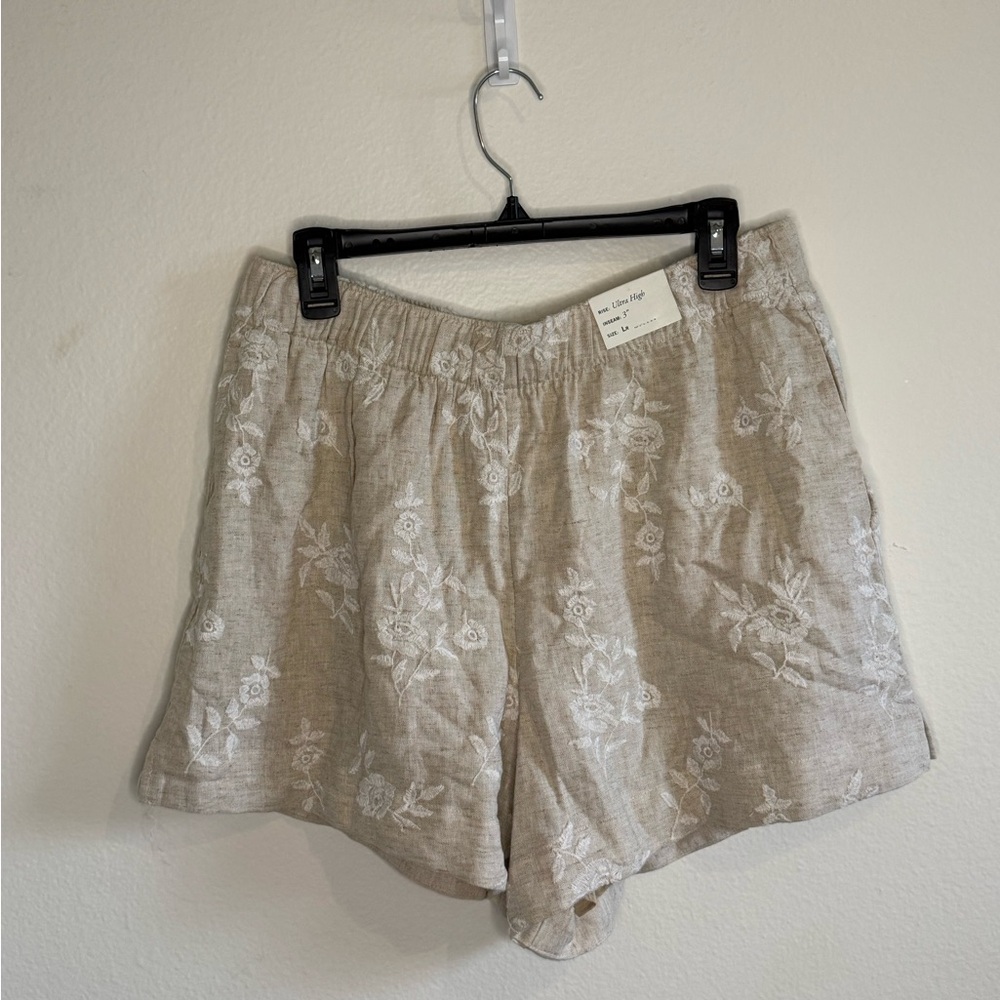 Abercrombie & Fitch Neutral Tan Linen Floral High-Waist Shorts